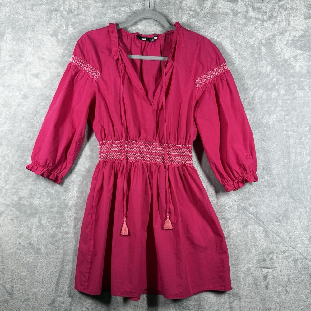 Zara Fuchsia Pink Smocked Cotton Poplin Embroidered Mini Dress Pullover Medium